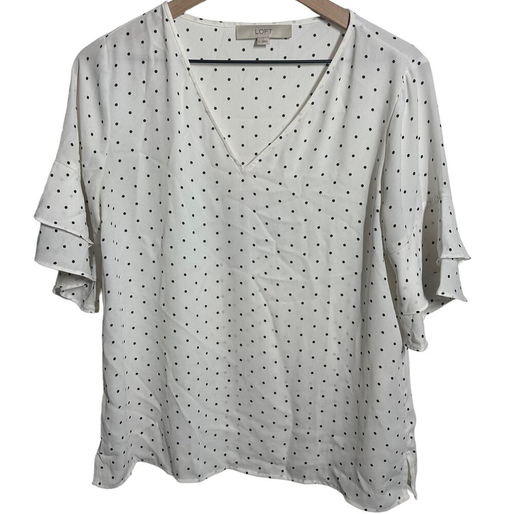 Loft Women's White Black Polka Dot Sheer Blouse Size Small Ruffle Sleeve Preppy